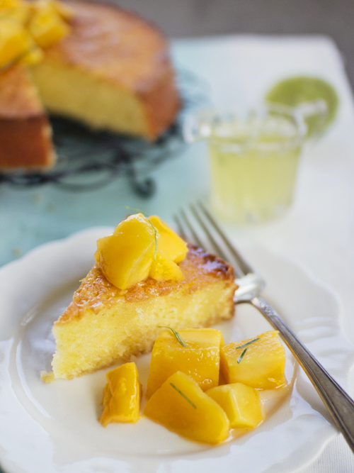 sticky lime & coconut cake with mango