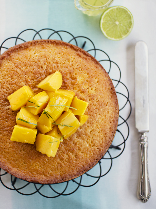 sticky lime & coconut cake with mango