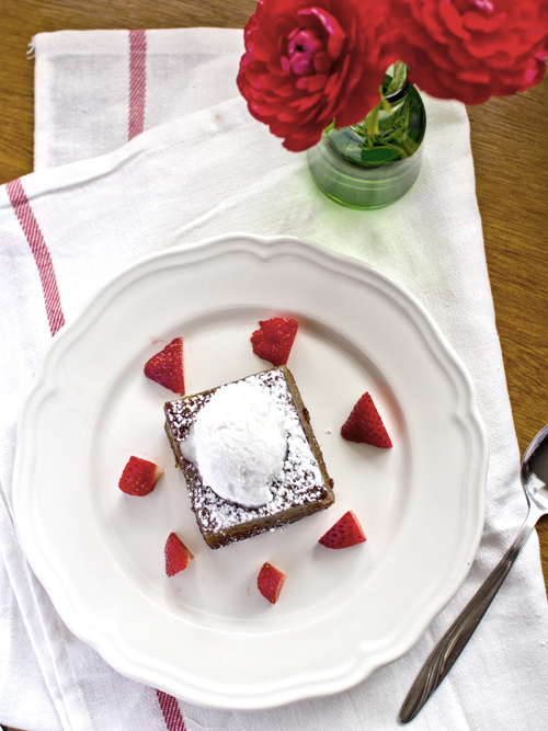 caramelised pandan cake with coconut sorbet