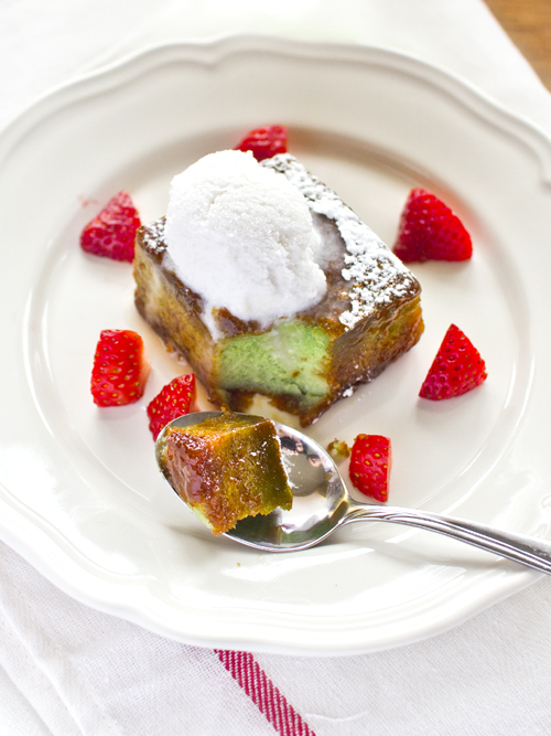 caramelised pandan cake with coconut sorbet