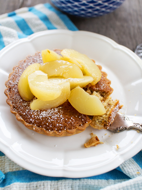 hazelnut frangipane tart with semillon vanilla peaches