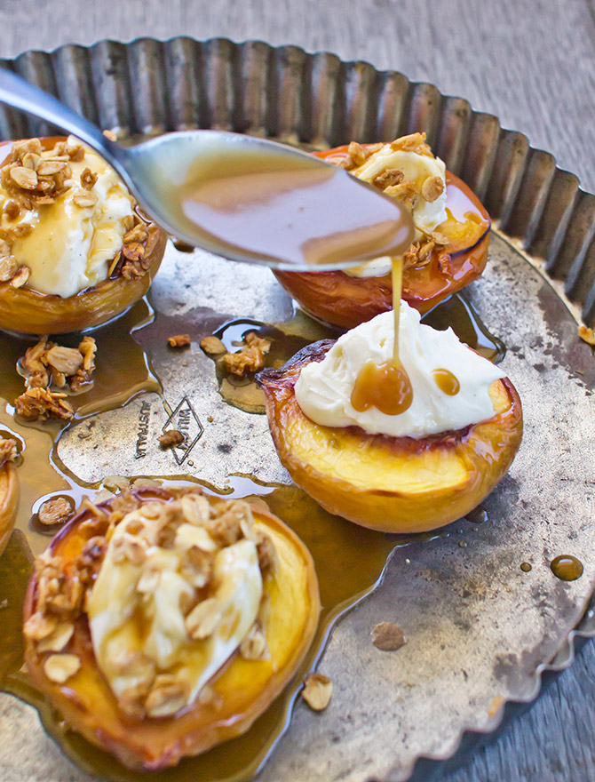 Baked Peaches with Mascarpone, Salted Caramel and Crumble