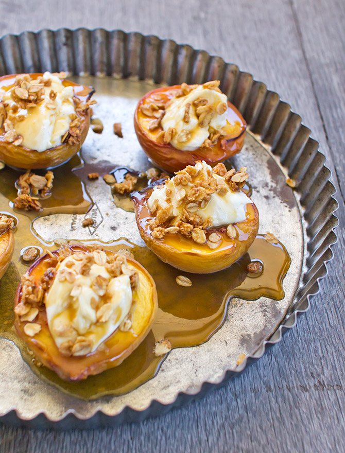 Baked Peaches with Mascarpone, Salted Caramel and Crumble