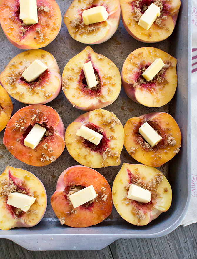 Baked Peaches with Mascarpone, Salted Caramel and Crumble