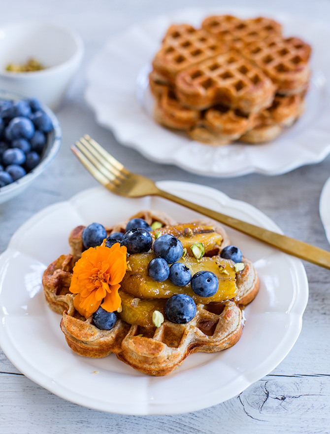 Banana Rye Waffles with Caramelised Banana and Blueberries