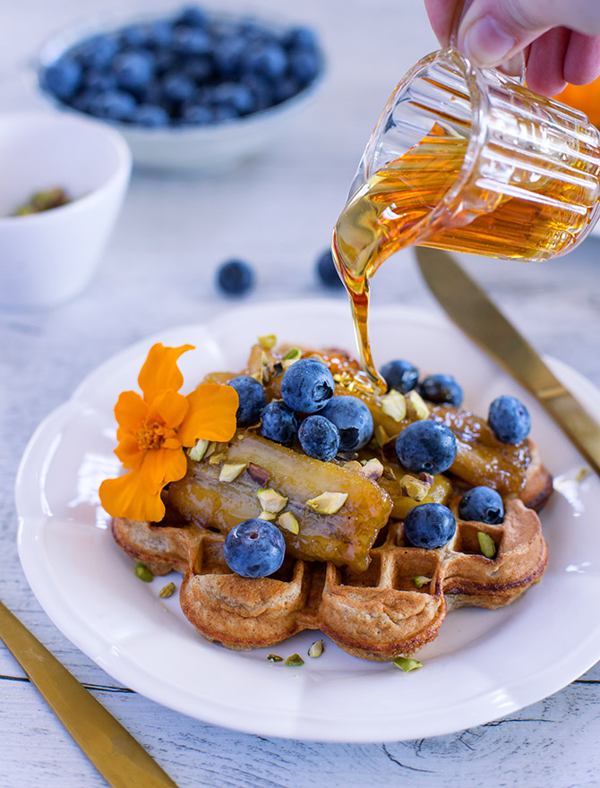 Banana Rye Waffles with Caramelised Banana and Blueberries