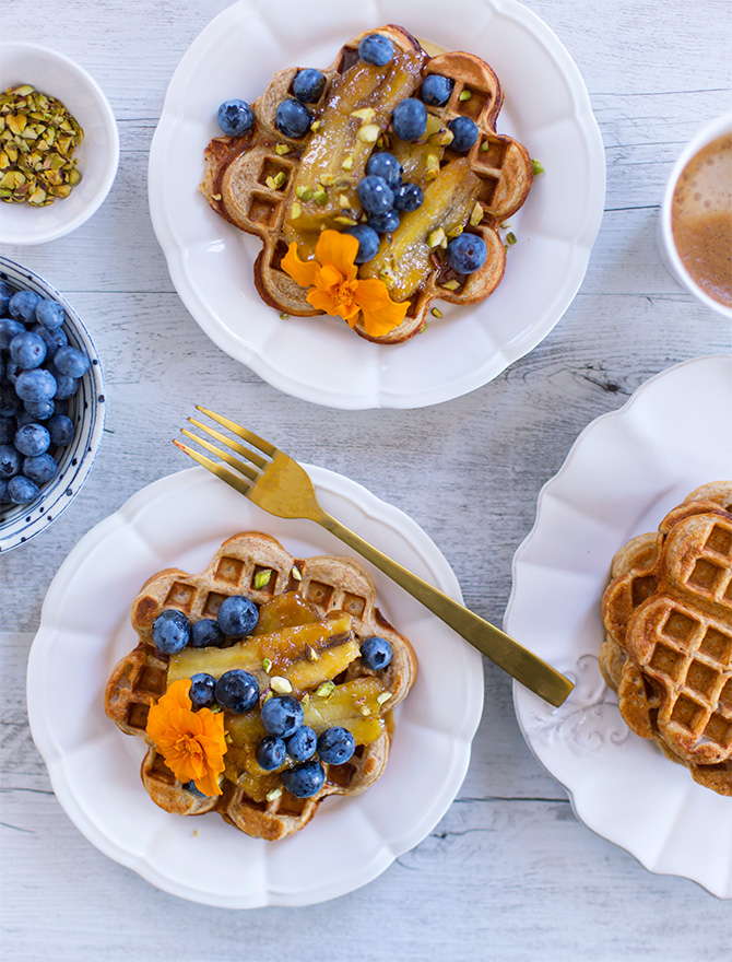 Banana Rye Waffles with Caramelised Banana and Blueberries