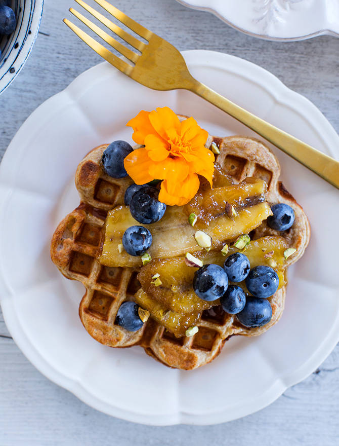 Banana Rye Waffles with Caramelised Banana and Blueberries