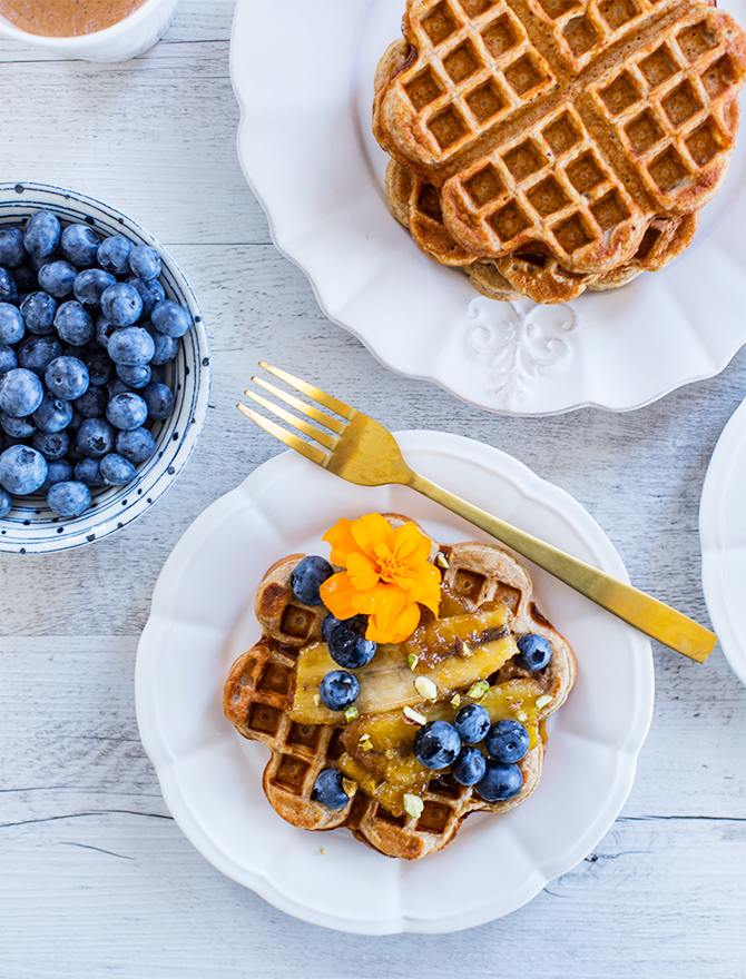 Banana Rye Waffles with Caramelised Banana and Blueberries