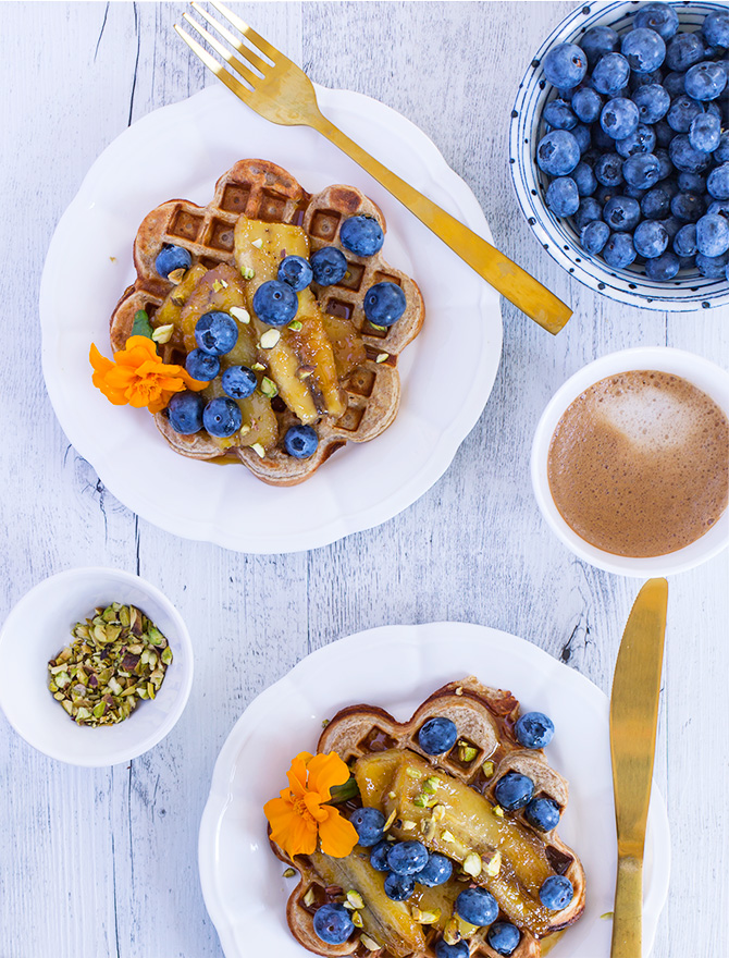 Banana Rye Waffles with Caramelised Banana and Blueberries