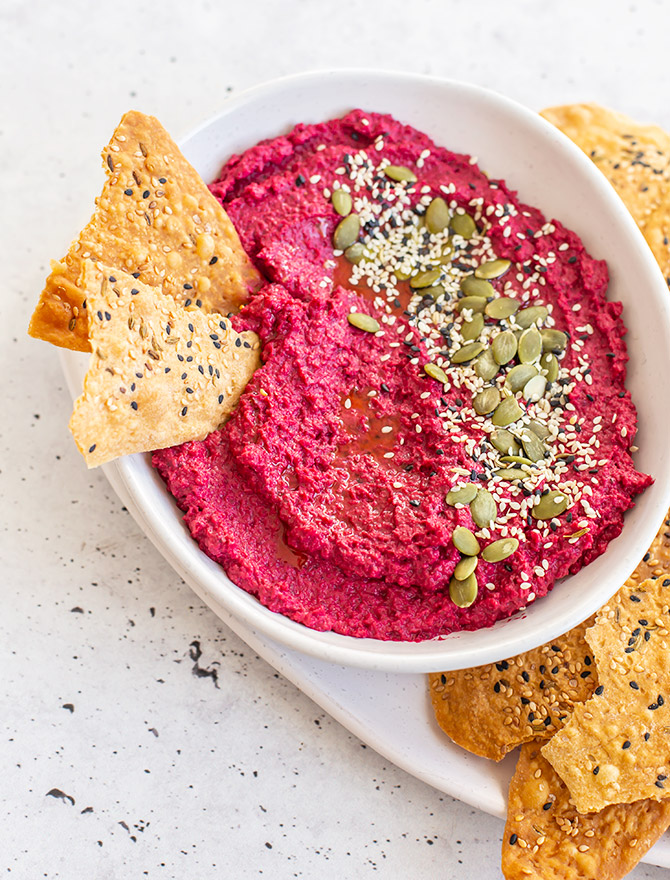 Beetroot Hummus with Homemade Seeded Crackers