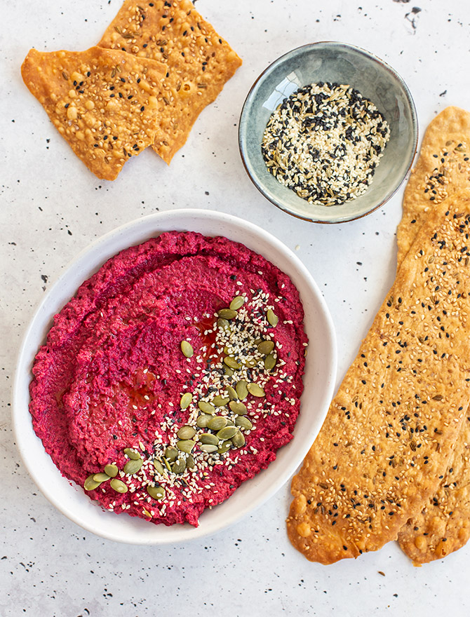 Beetroot Hummus with Homemade Seeded Crackers