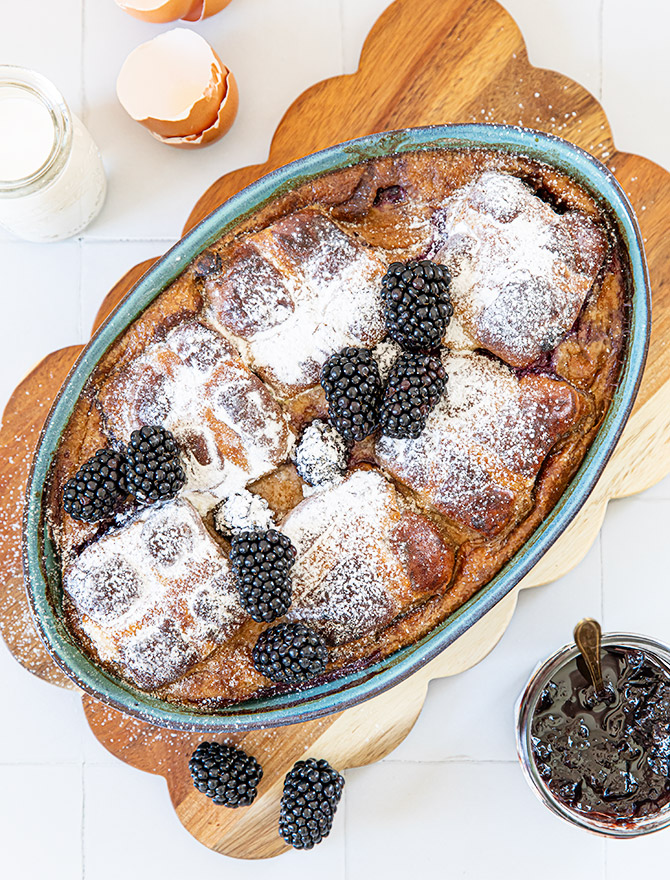 Blackberry Earl Grey Hot Cross Bun Pudding