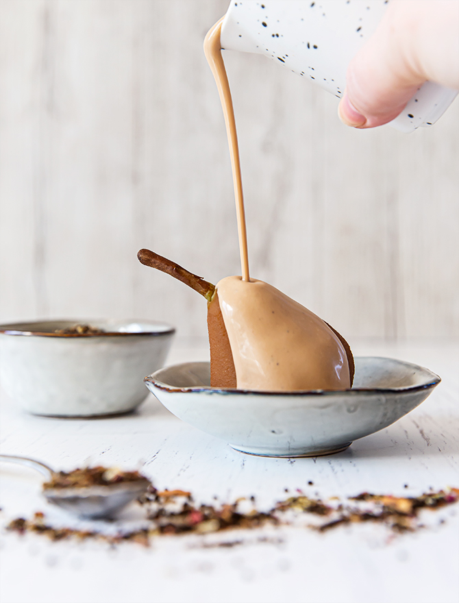 Chai Poached Pear Cakes with Chai Creme Anglaise