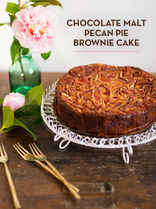 Chocolate Malt Pecan Pie Brownie Cake-1