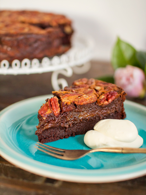 Chocolate Malt Pecan Pie Brownie Cake-1