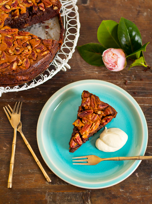 Chocolate Malt Pecan Pie Brownie Cake-1