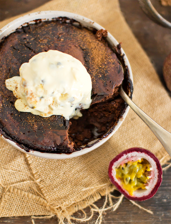 Chocolate Whisky Pudding with Passionfruit Ice Cream