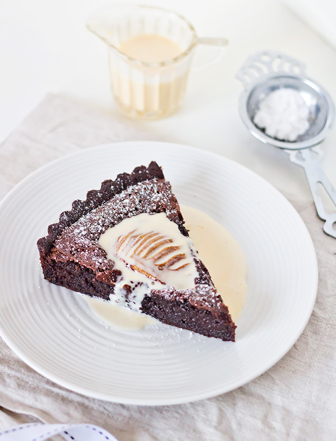 Chocolate and Pear Tart with Cardamom Creme Anglaise