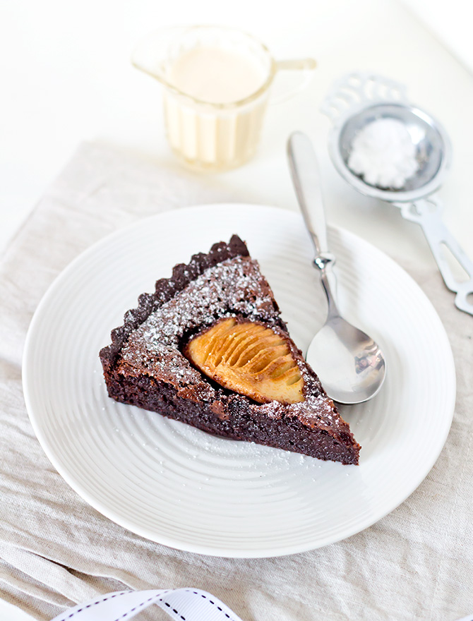 Chocolate and Pear Tart with Cardamom Creme Anglaise