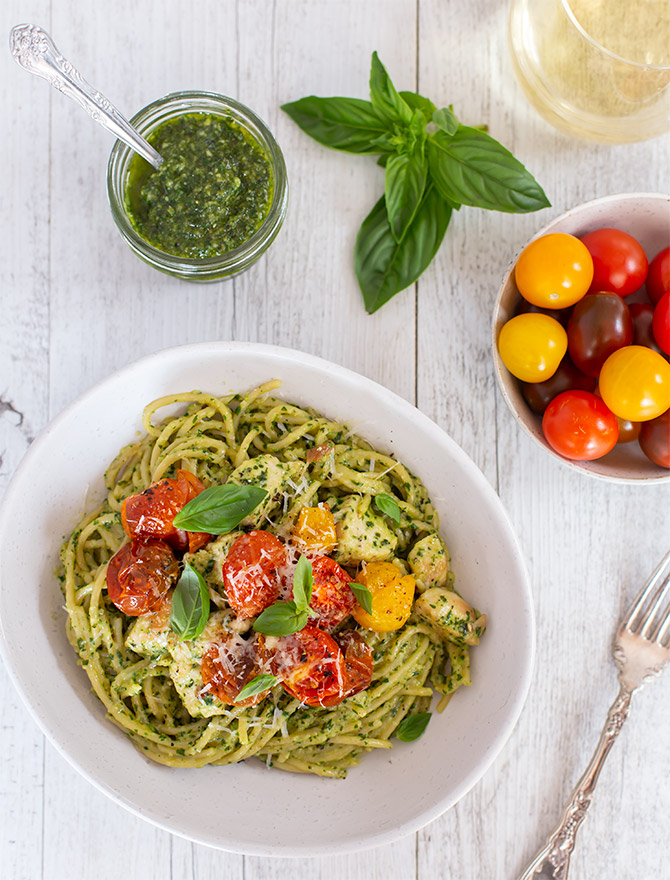 Creamy Chicken Pesto with Roasted Cherry Tomatoes