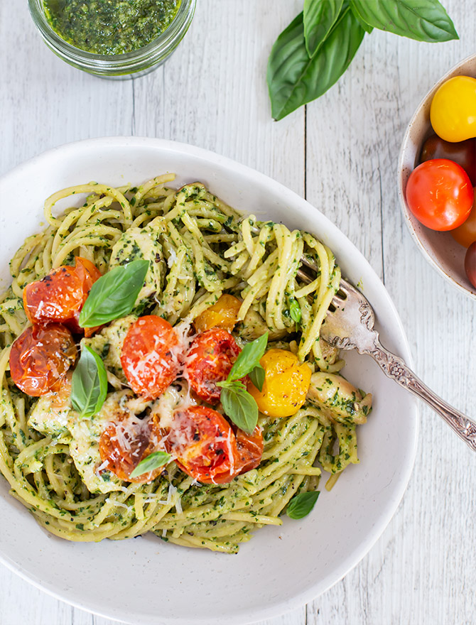 Creamy Chicken Pesto with Roasted Cherry Tomatoes