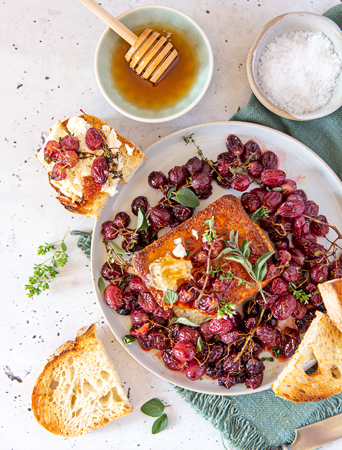 Crumbed Feta with Roasted Grapes and Honey