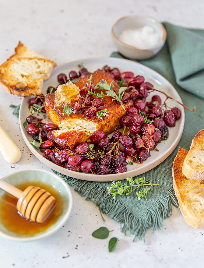 Crumbed Feta with Roasted Grapes and Honey