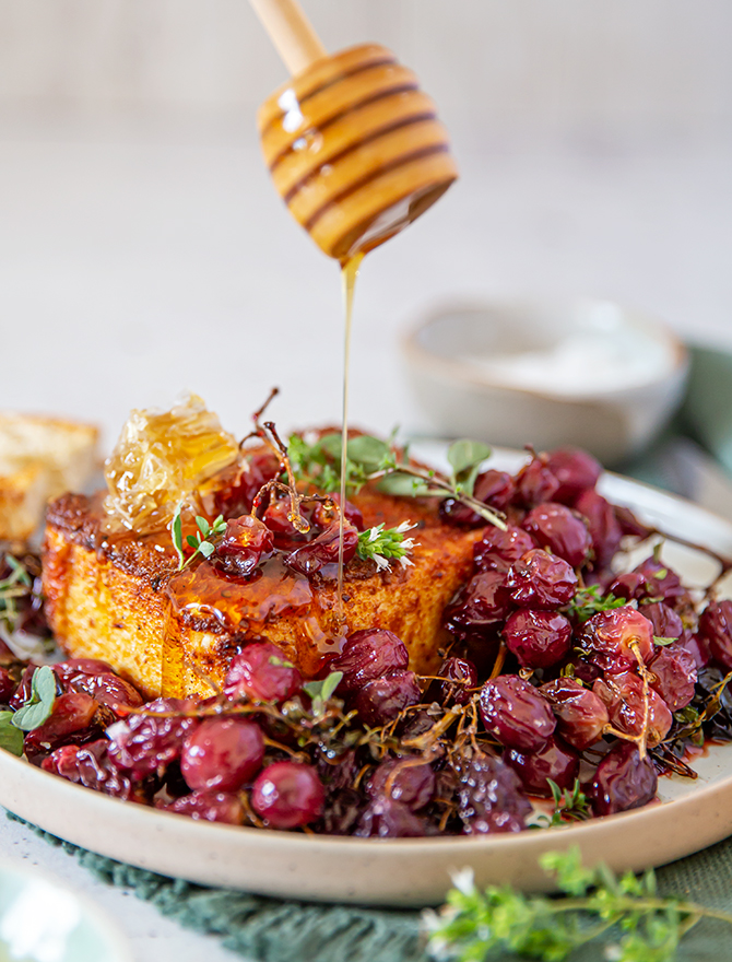 Crumbed Feta with Roasted Grapes and Honey