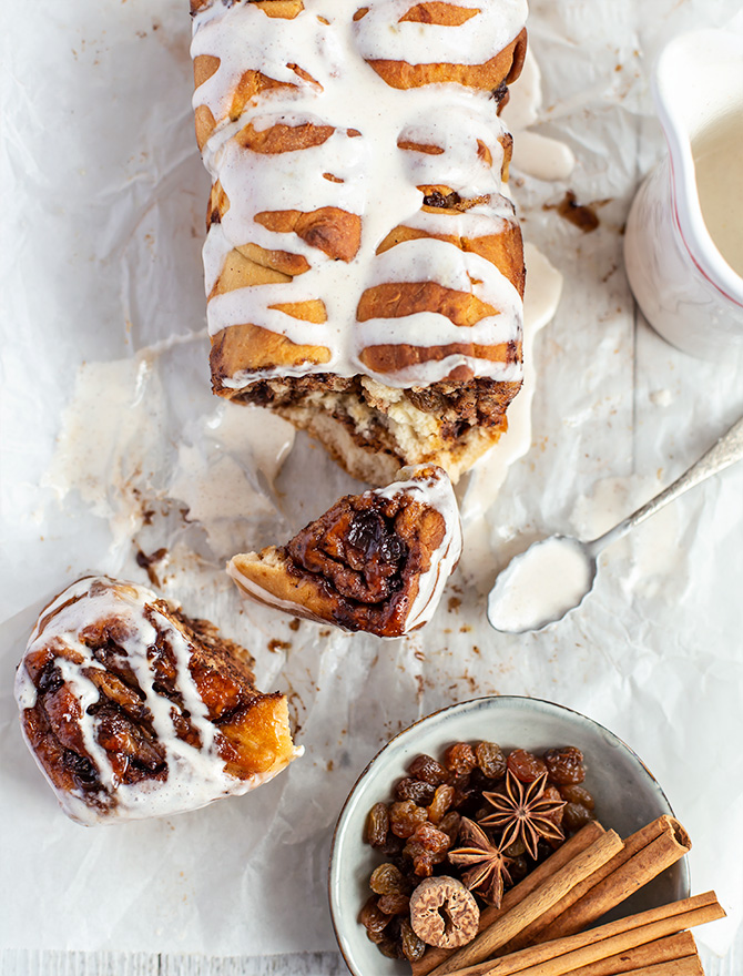 Hot Cross Bun Pull Apart Bread with Cream Cheese Glaze