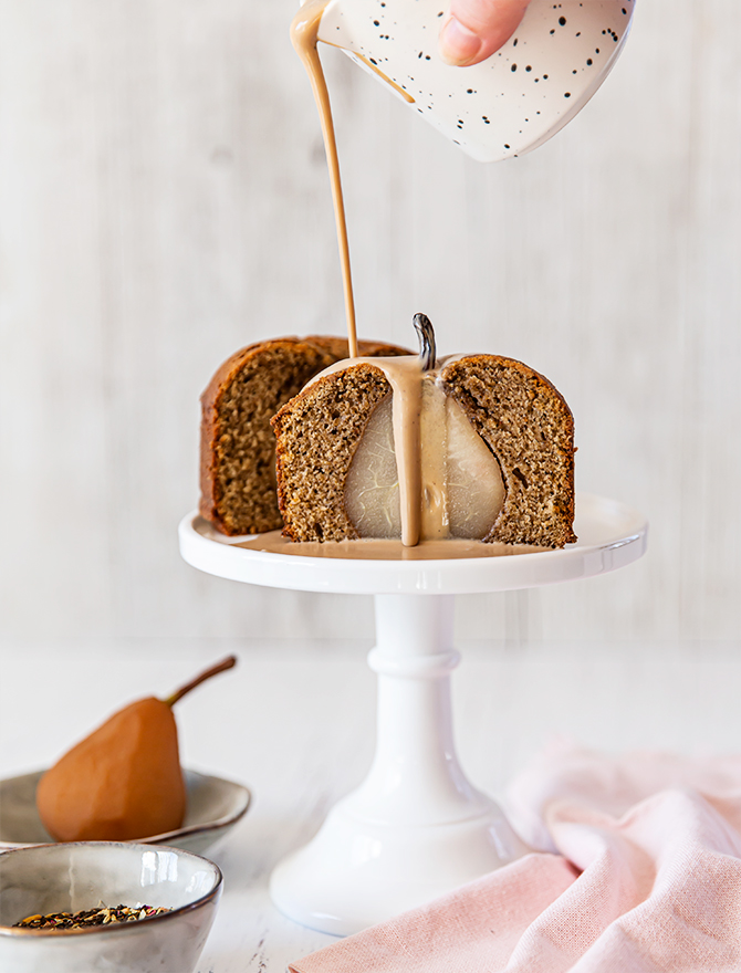 Chai Poached Pear Cakes with Chai Creme Anglaise