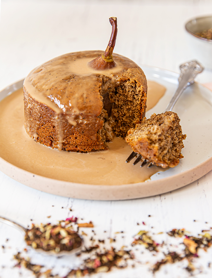 Chai Poached Pear Cakes with Chai Creme Anglaise