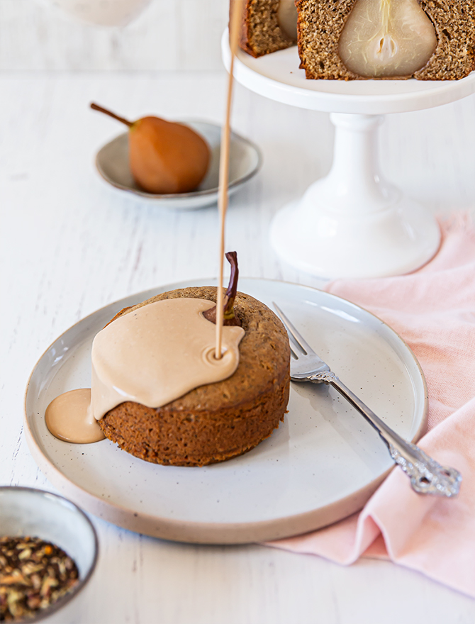 Chai Poached Pear Cakes with Chai Creme Anglaise