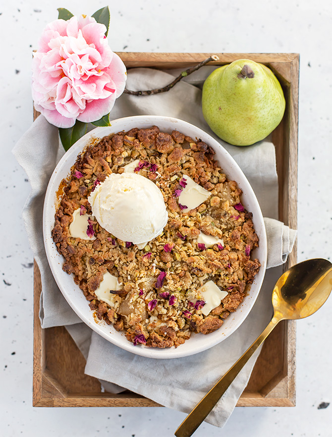 Pear and Pistachio Crumble with White Chocolate