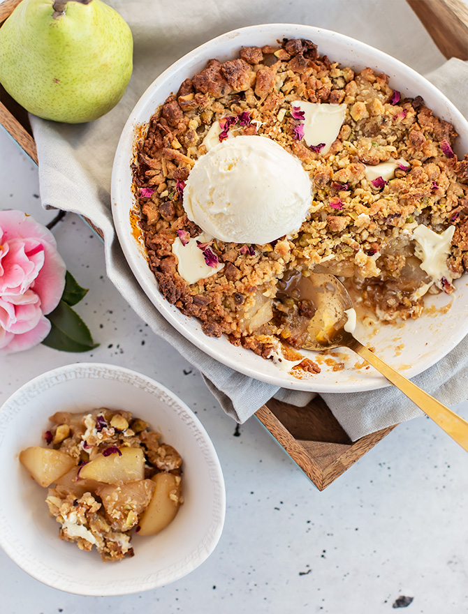 Pear and Pistachio Crumble with White Chocolate