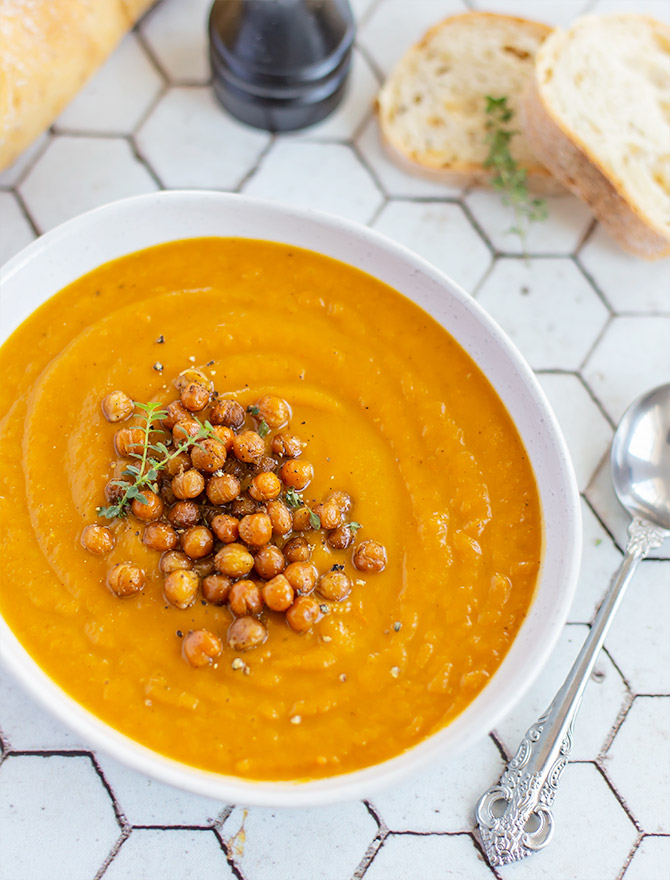 Pumpkin and Carrot Soup with Roasted Chickpeas