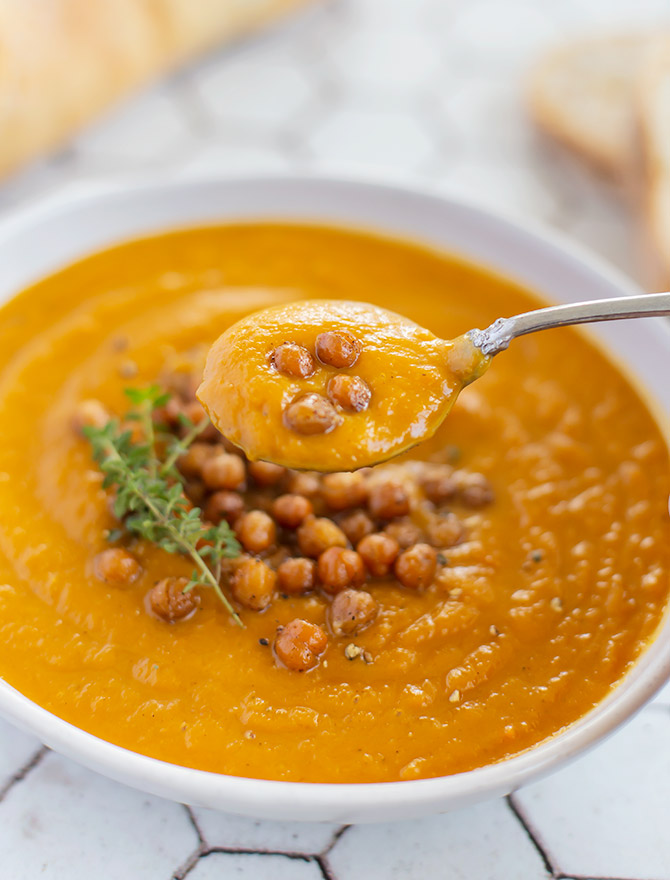 Pumpkin and Carrot Soup with Roasted Chickpeas