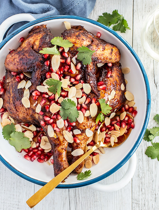 Roasted Chicken with Pomegranate and Harissa Carrots