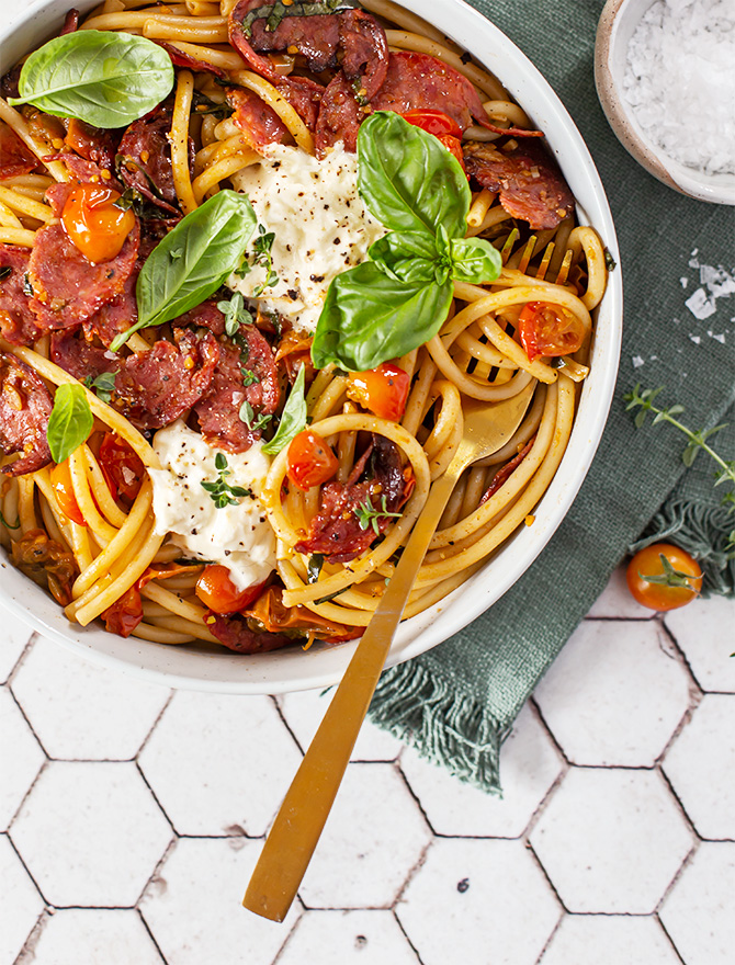 Easy Salami Pasta with Cherry Tomatoes & Burrata