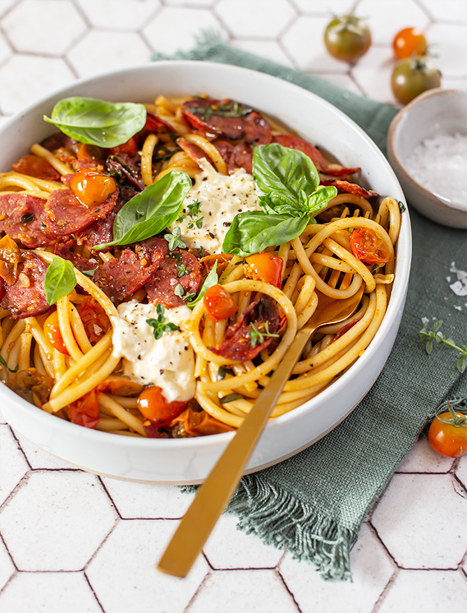 Easy Salami Pasta with Cherry Tomatoes & Burrata