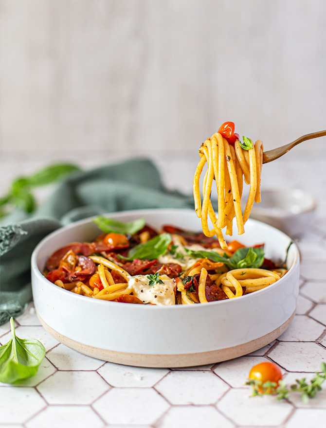 Easy Salami Pasta with Cherry Tomatoes & Burrata