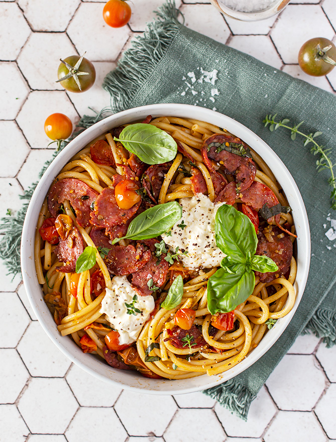 Easy Salami Pasta with Cherry Tomatoes & Burrata