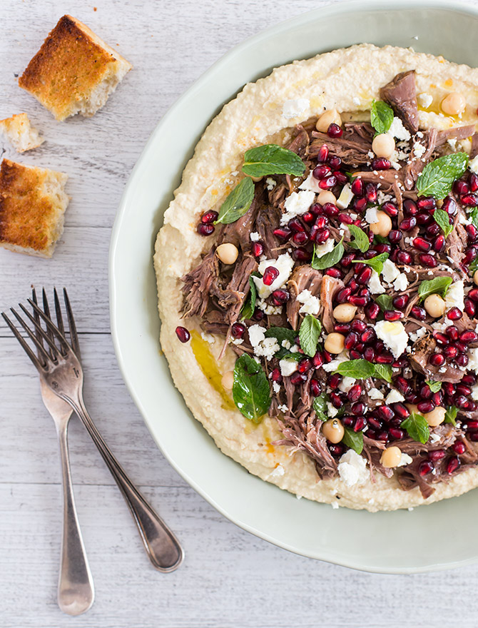 Slow Cooked Lamb with Homemade Hummus