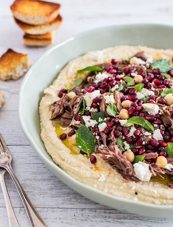 Slow Cooked Lamb with Homemade Hummus