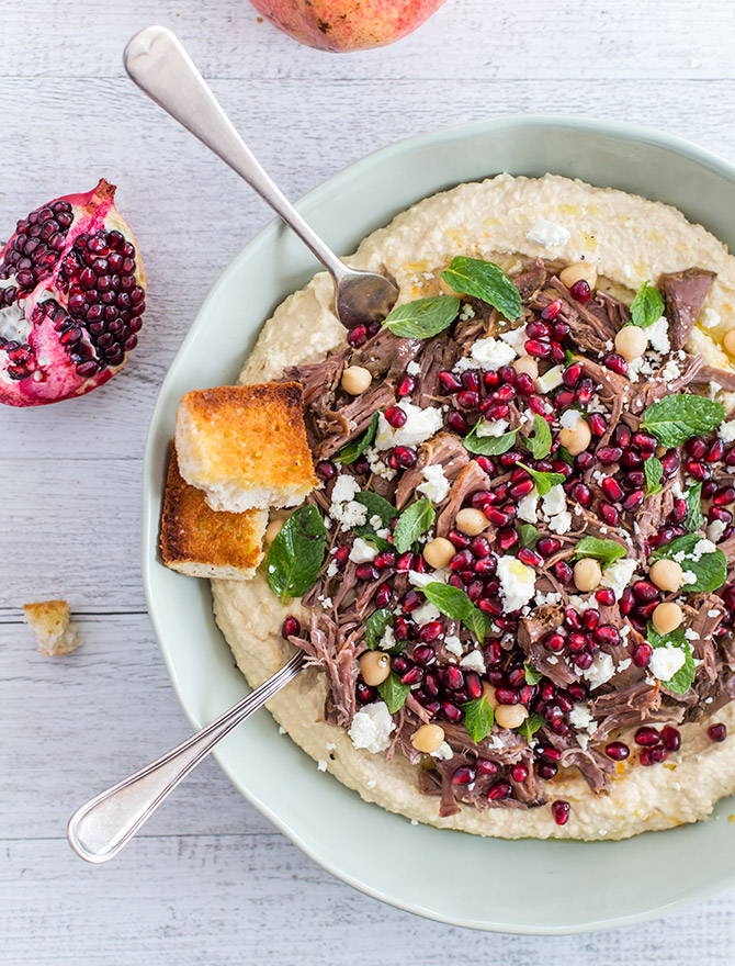 Slow Cooked Lamb with Homemade Hummus