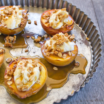 Baked Peaches with Mascarpone, Salted Caramel and Crumble