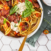 Easy Salami Pasta with Cherry Tomatoes & Burrata